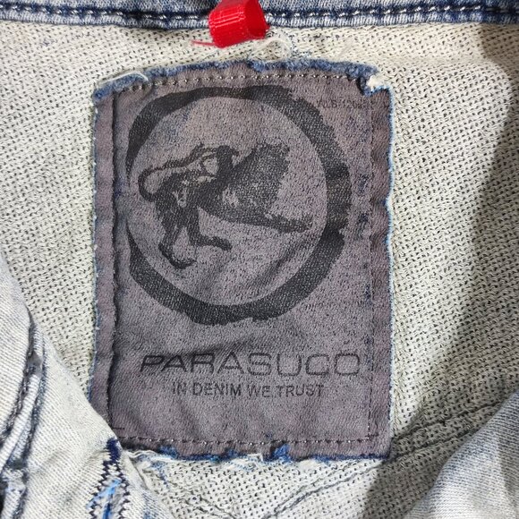 Parasuco jean jacket crop women's sz M hard washed denim blue distressed design - Picture 5 of 11